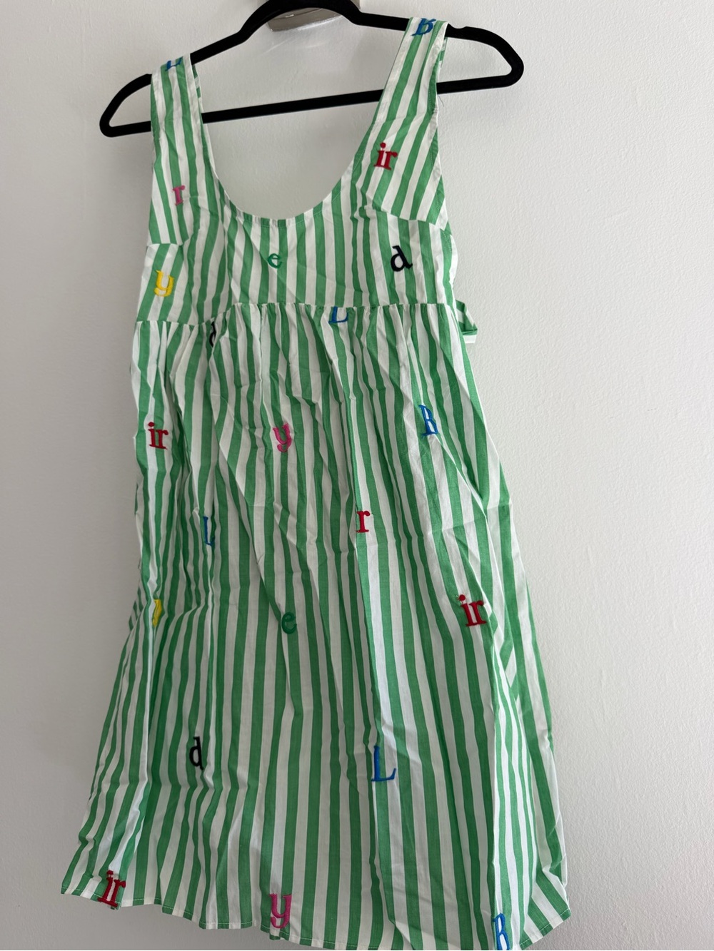 Anthropologie Green and White Striped Embroidered Letter Dress